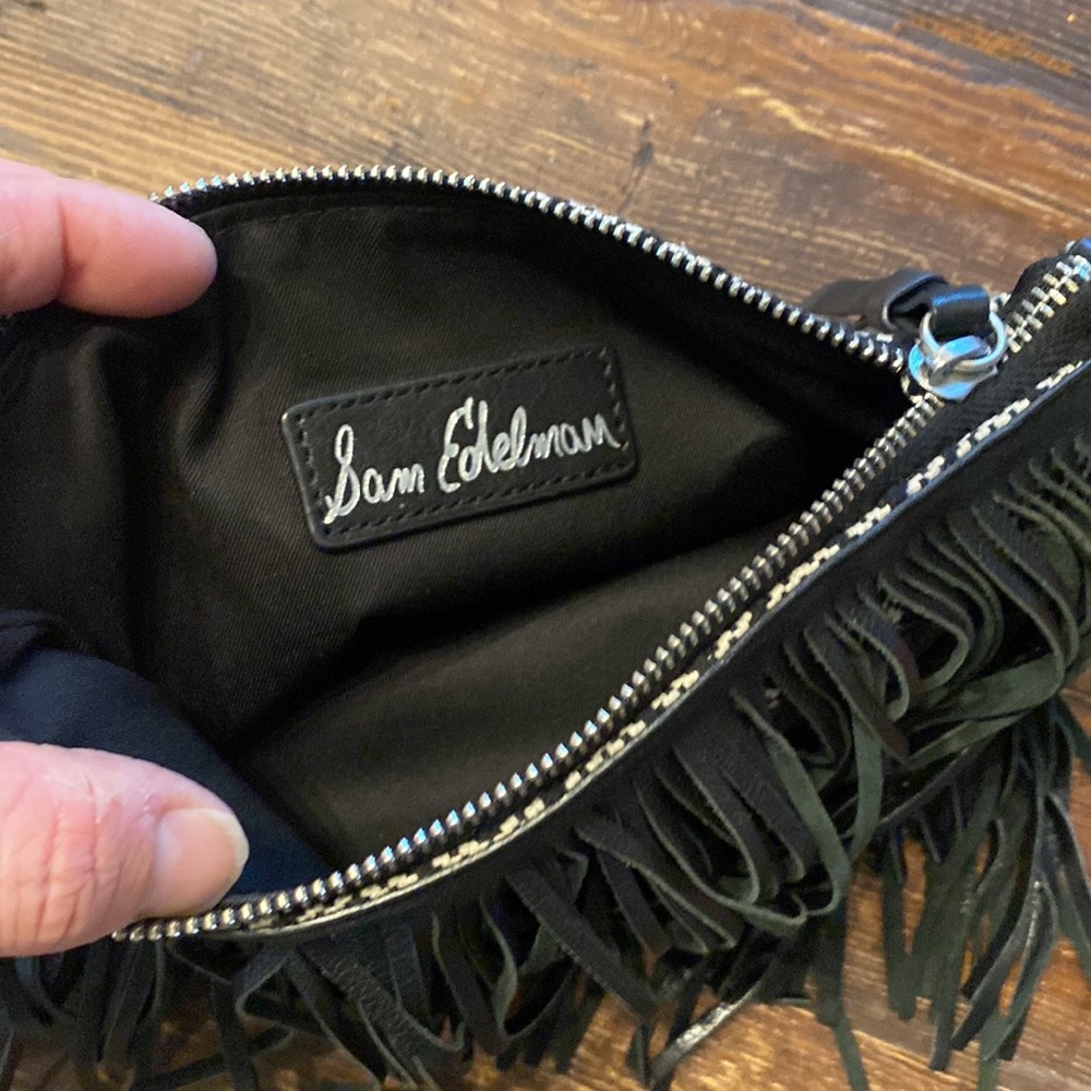 Sam Edelman Handbag / Black Leather Fringe w/ Back Black and Ivory Fabric Purse - Picture 4 of 4